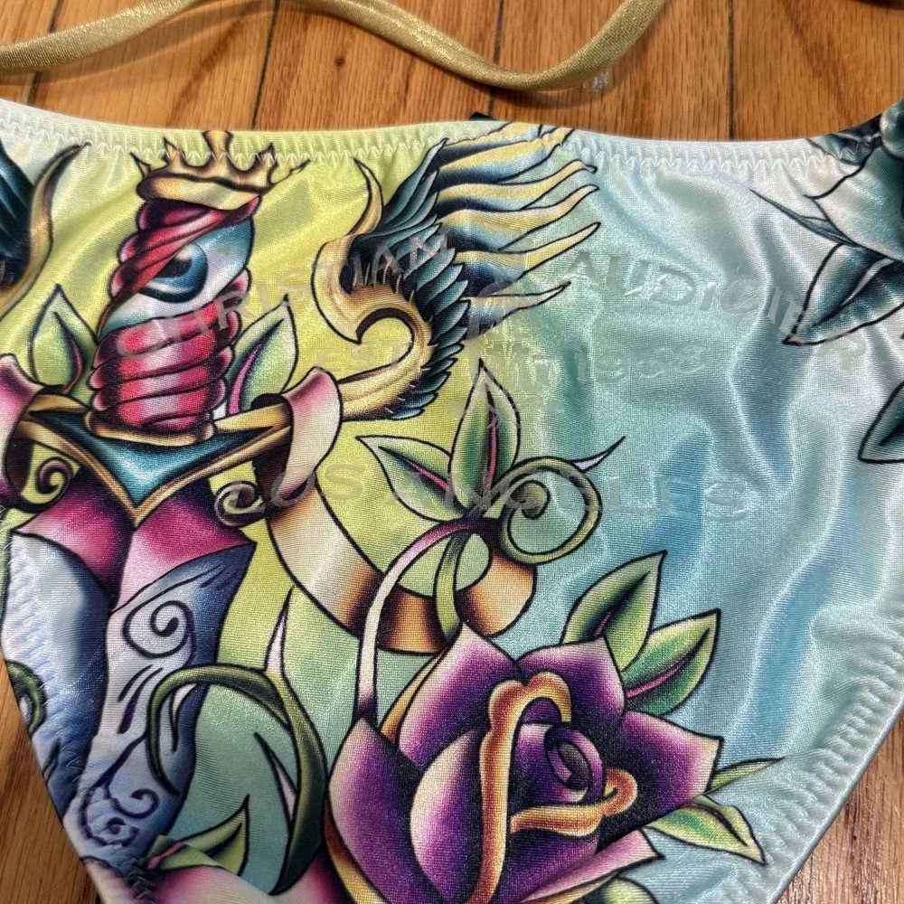 Christian Audigier Y2K Rhinestone Bird Print String Triangle Bikini Size Small - Picture 9 of 9